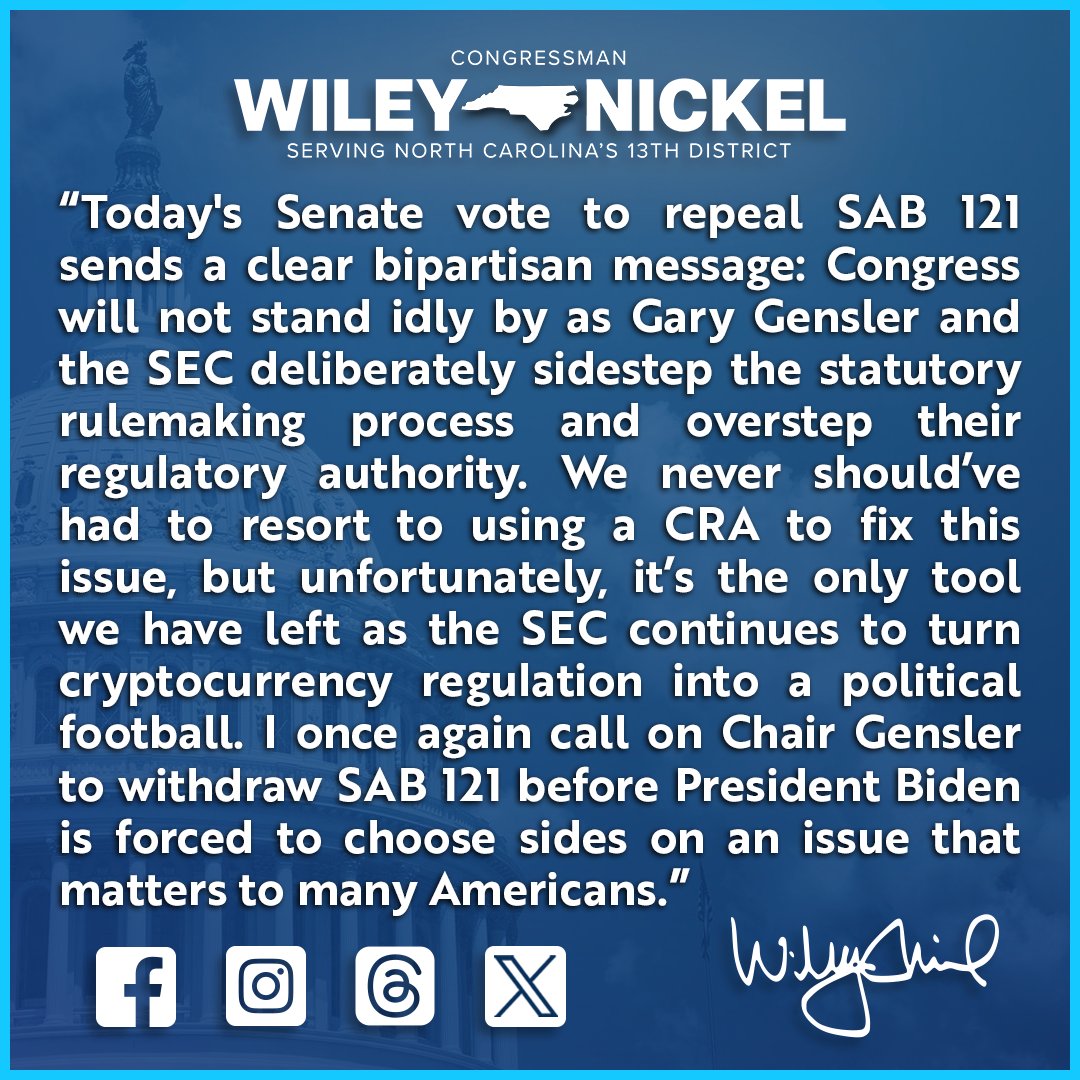 Today’s vote to #RepealSAB121 sends a clear message: Congress won’t stand by as @SECGov sidesteps the rulemaking process & oversteps its regulatory authority. @GaryGensler must withdraw SAB 121 before @POTUS is forced to choose sides on an issue that matters to many Americans.