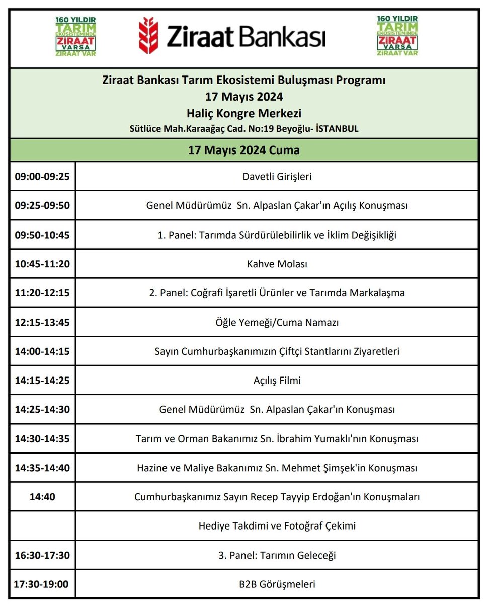 17 Mayıs'ta gün boyu İstanbul Haliç Kongre Merkezi'nde olacağız. Ziraat Bankası Tarım Ekosistemi Buluşması'nda çiftçilerimizle ve tarım sektörünün paydaşlarıyla bir araya geleceğiz. 'Tarımda Sürdürülebilirlik ve İklim Değişikliği' panelinde 4 değerli konuğumla konuya farklı