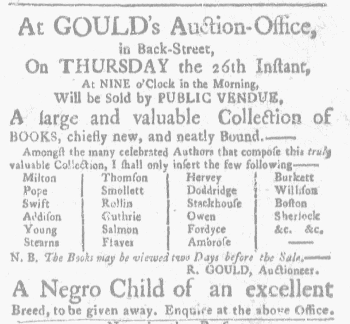 Newspapers published during the era of the American Revolution contributed to the perpetuation of slavery. Advertised 250 years ago today: “A Negro Child of an excellent Breed, to be given away.” (Massachusetts Gazette & Boston Weekly News-Letter 5/19/1774)