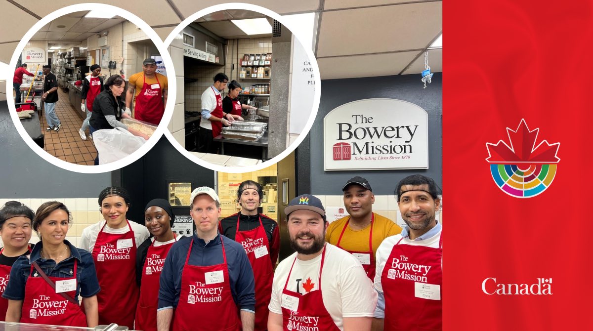 Team members from @CanadaUN, @CanadaNY and @CitImmCanada spent an evening volunteering at the Bowery Mission, where they served dinner to over 285 members of the local New York #community.