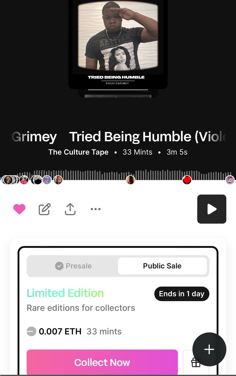 🚨ONLY 1 DAY LEFT FOR “TRIED BEING HUMBLE (VIOLENCE)” PROD. BY RODNEY “DARKCHILD” JERKINS

MINTS #31-#50 ELIGIBLE FOR $50 GIVEAWAY 🤑

1 Live Studio Session Stream for Every Holder

Access to EXCLUSIVE Mixtape ONLY Available for holders 🔥 

And more 👀 sound.xyz/theculturetape…