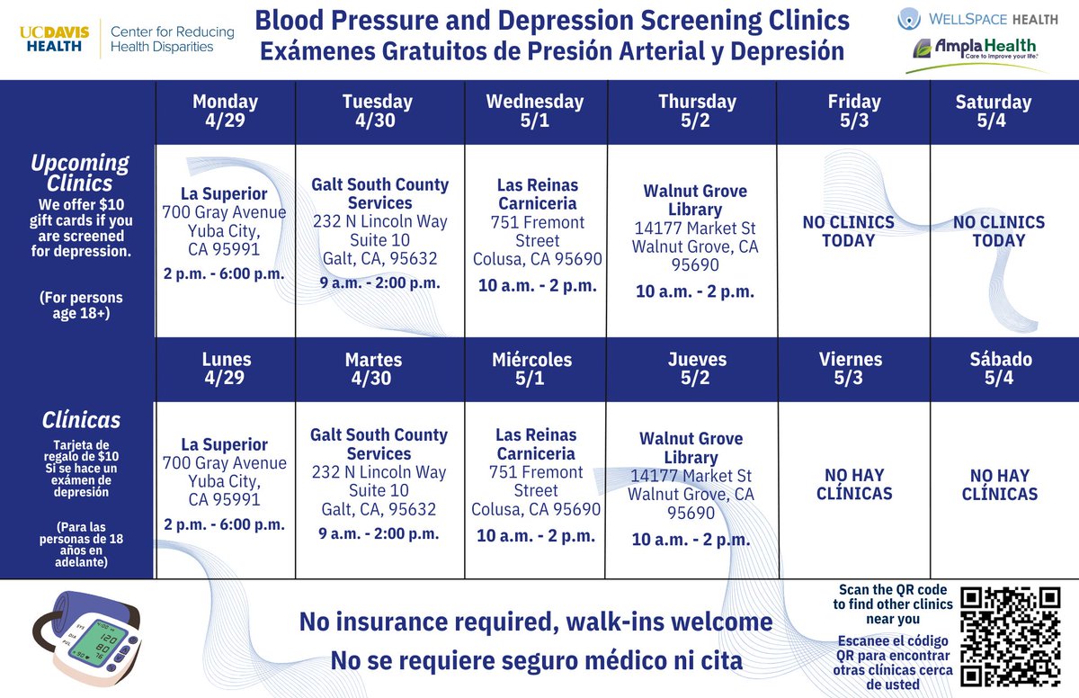 Find us at the Walnut Grove Library today where we will be hosting our Blood Pressure and Depression Screening Clincs! No insurance required, walk-ins welcome