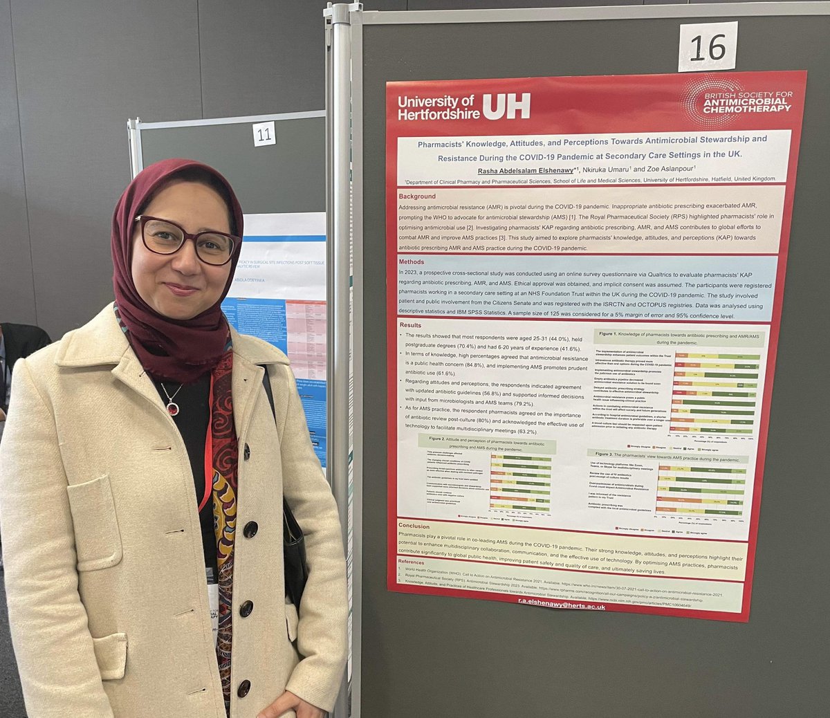 Thrilled to present on pharmacists' views on antibiotic prescribing, antimicrobial resistance, and stewardship during the pandemic. The poster will also displayed tomorrow, visit poster 16 at #BSACSpring2024 to learn more. @BSACandJAC @uniofhertslms @UHertsResearch