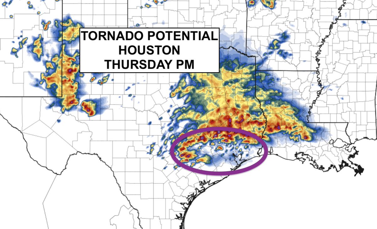 HOUSTON WE MAY HAVE PROBLEM! A #tornado threat could materialize by this late afternoon across southeastern Texas on the southern periphery of a massive convective blob. The environment becomes increasingly supportive of rain-wrapped tornadoes with embedded HP supercells near