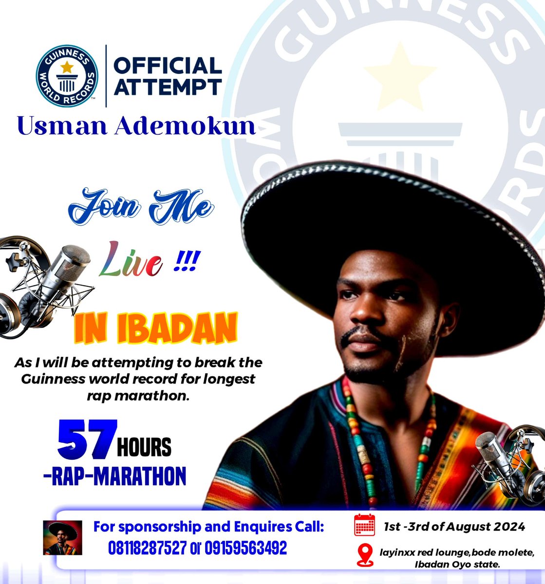 I believe in dreams becoming reality.on the 1st of August 2024,I will be attempting to break the Guinness world record for longest rap freestyle marathon in the city of Ibadan.. please show support by reposting and retweeting .#Ibadantotheworld