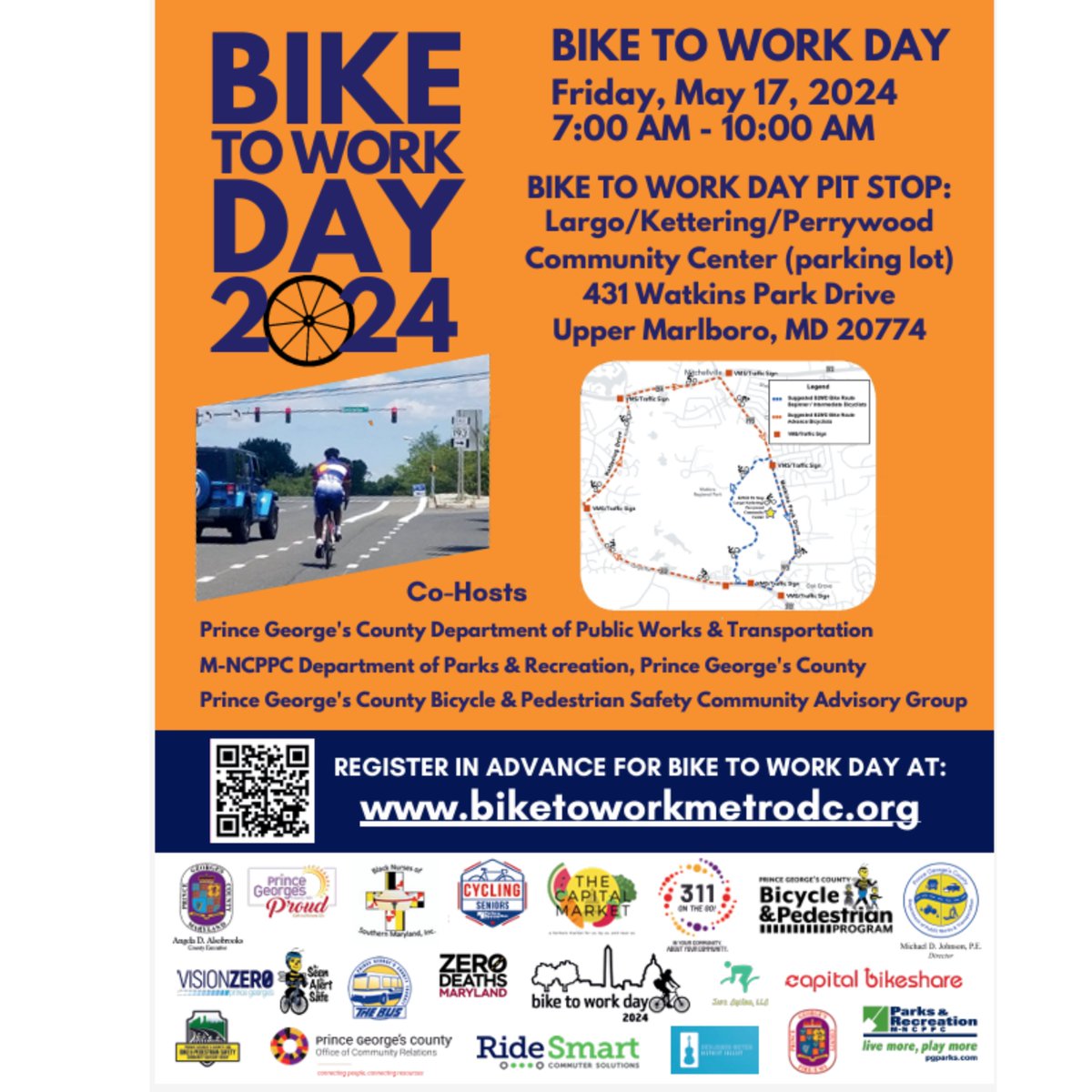 DPW&T is partnering with M-NCPPC and the Prince George’s Countywide Bicycle & Pedestrian Safety Community Advisory Group to host a #BikeToWorkDay Pit Stop at the Kettering/Perrywood Community Center, 431 Watkins Park Drive in Upper Marlboro, MD from 7 AM to 10 AM on May 17, 2024!