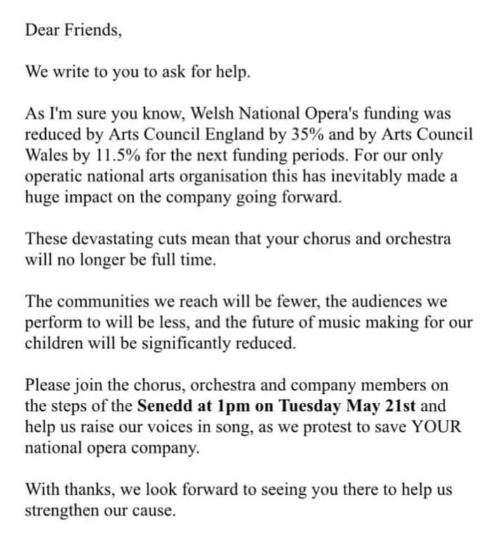PROTEST #SaveOurWNO 🎶 Tuesday, 21st May at 1pm Senedd, Cardiff Bay An invitation from the #Orchestra & #Chorus of @WelshNatOpera to join in song next week. Please share &let’s show the @WelshGovernment & @GOVUK the strength of feeling against dismantling #Wales’s opera company.
