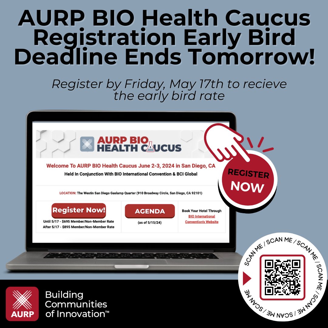#AURPinAction: Early Bird rates end tomorrow (5/17) for AURP's 2024 BIO Health Caucus (6/2-3, San Diego) on 'International Bio Partnerships: Building a Healthier World.' Register here: bit.ly/2WOtmEO #Biotech #Biohealth #ResearchParks #BuildingtheAURPNetwork