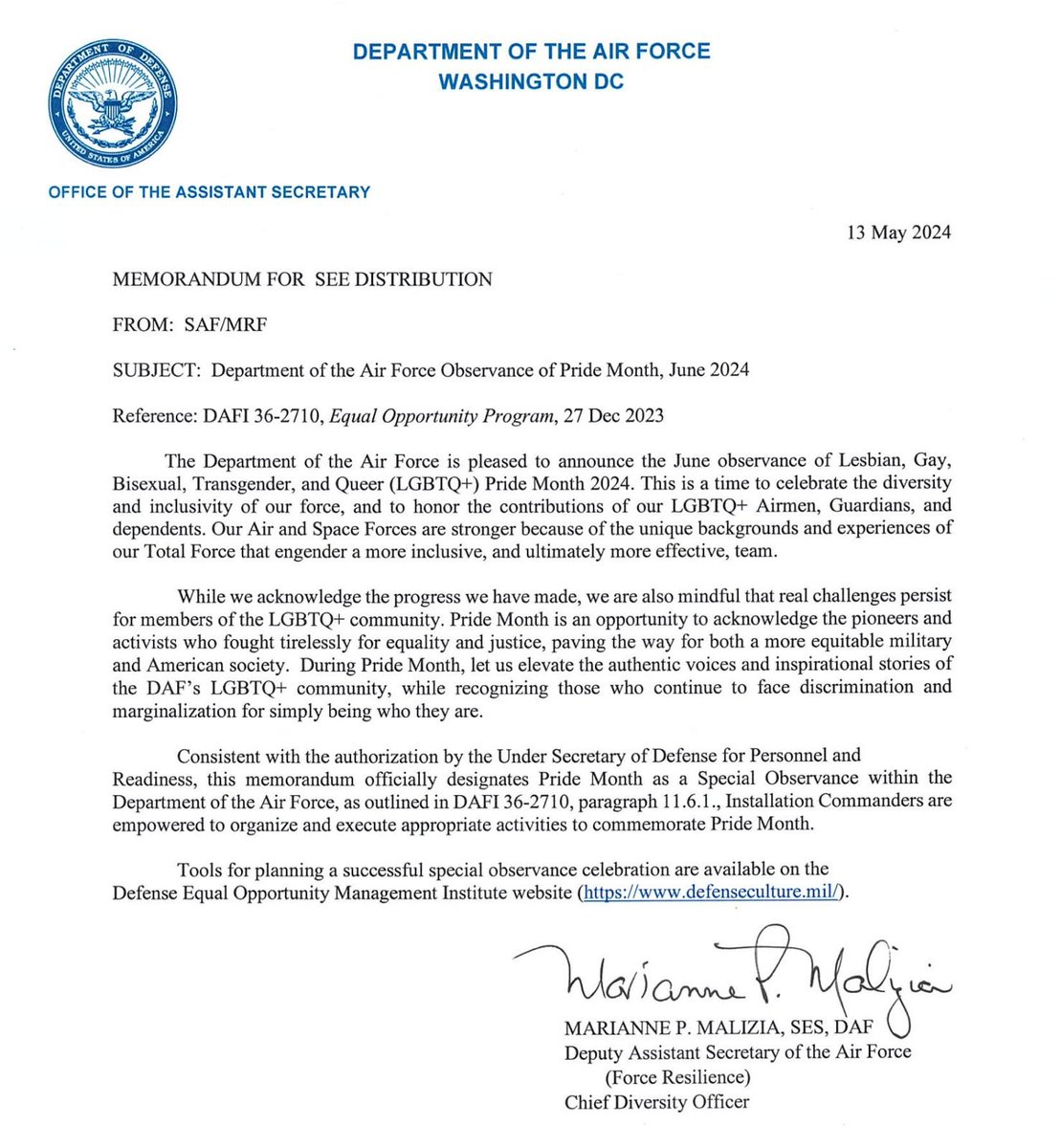 The United States Air Force just sent out this memo about its upcoming Pride Month celebration. They claim LGBTQ inclusion makes the military stronger and ultimately creates a 'more effective team.” The world is laughing at us.