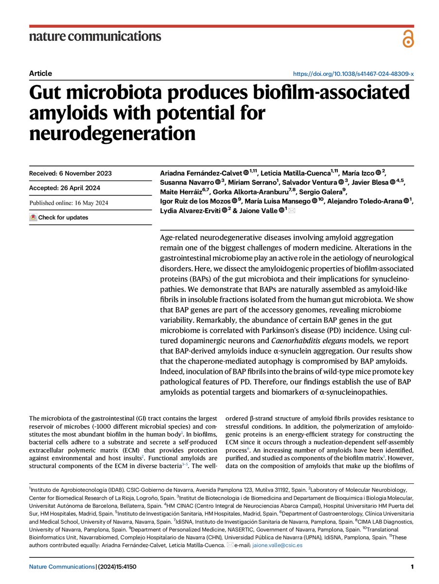 🎉 Excited to share our latest paper in
@NatureComms We show that biofilm-associated proteins from intestinal microbiota form amyloid structures that exacerbate alpha-synuclein pathologies
rdcu.be/dH7oL