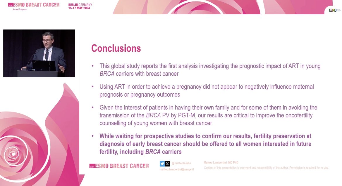 Does the use of assisted reproductive technologies by young BRCA carriers with breast cancer influence maternal prognosis or pregnancy outcomes?

Important and reassuring data presented by @matteolambe at #ESMOBreast24 demonstrating the safety of ART

@OncoAlert #bcsm