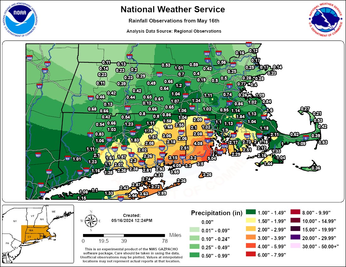 NWSBoston's tweet image. Here are the observed rainfall totals from this morning.  A widespread 1/2in to 1in fell, with amounts in the 2in to 6in range for Rhode Island. #MAWX #RIWX #CTWX