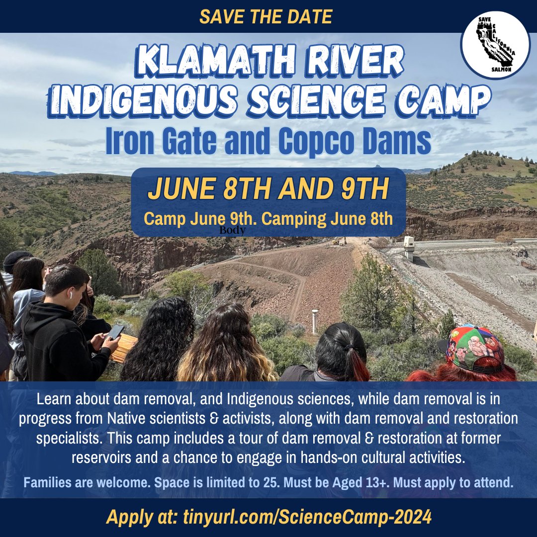 Save the date! SCS & partners are hosting an Indigenous Science Camp for youth & families. Dam removal tours at Klamath sites in California & cultural activities are included
Ages 13+ Camping is optional. Tours & most activities will be on June 9th
#NativeYouth #undammedKlamath
