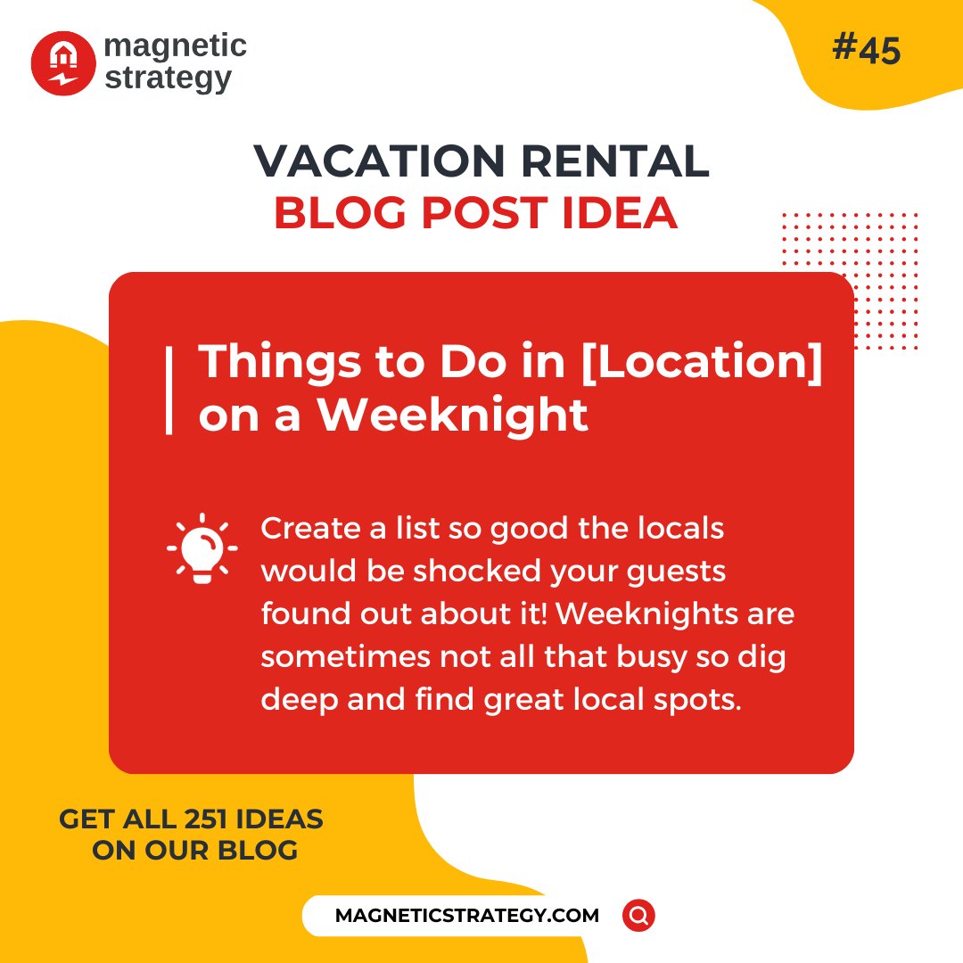 Create a list so good the locals would be shocked your guests found out about it! Weeknights are sometimes not all that busy so dig deep. 

#vacationrentals #vacationrentalmanagers #vrm #shorttermrentals #propertymanagers #propertymanagement #blogging #contentideas