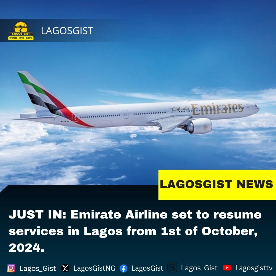 Emirate Airline set to resume services in Lagos from 1st of October 2024.

instagram.com/p/C7CH_qMCAY-/…