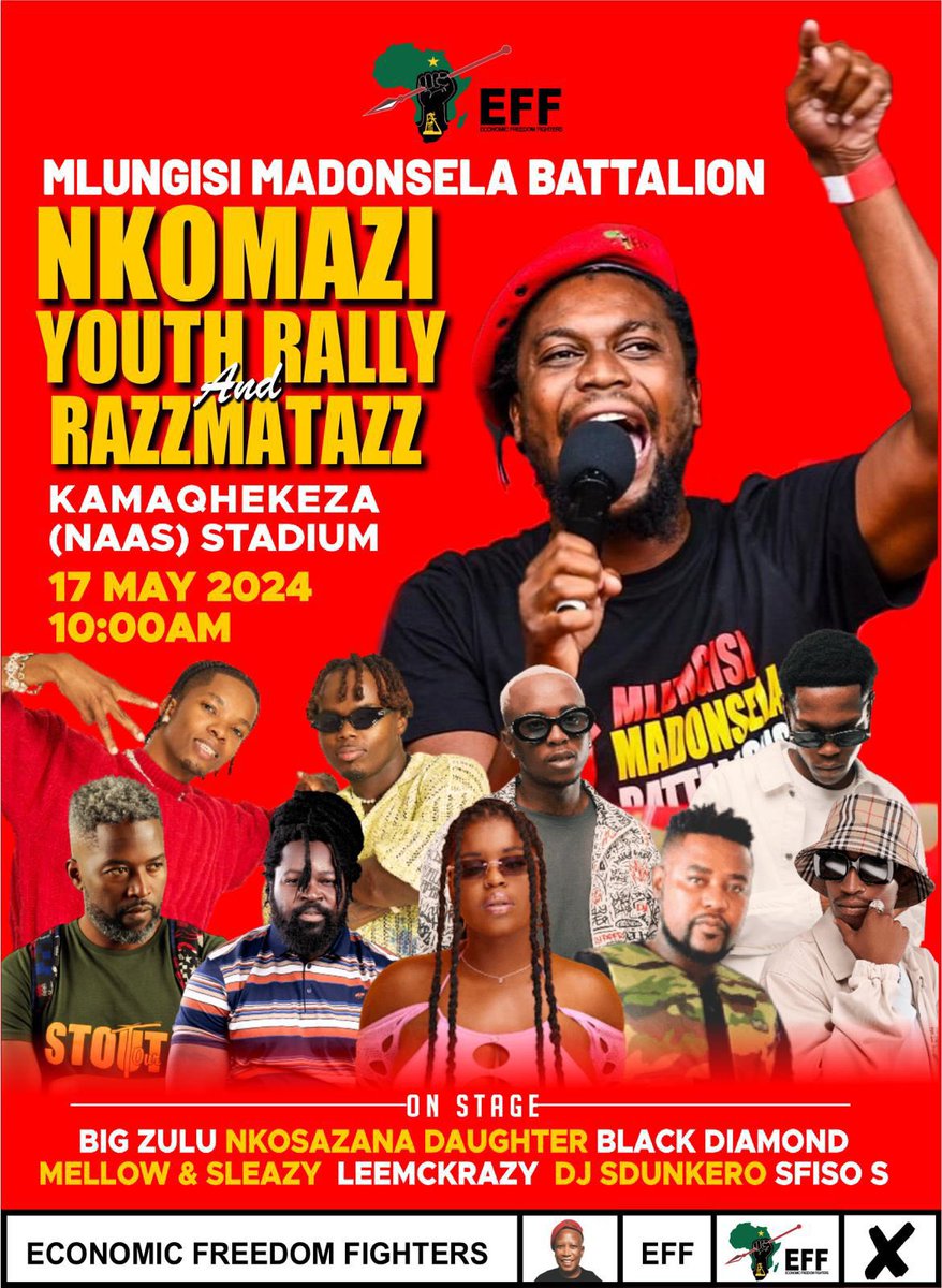 ♦️Happening Tomorrow♦️ EFF Mlungisi Madonsela Battalion Nkomazi Youth Rally & Razzmatazz Check out the line up. You don’t want to miss out! #VoteEFF #MlungisiMadonselaBattalion