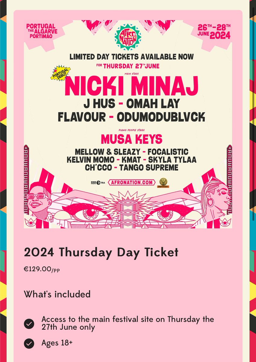 .@Afronation has released exclusive limited single day tickets for @NICKIMINAJ’s upcoming headline.

— She will be headlining on June 27th in Portimão, Portugal 🇵🇹.