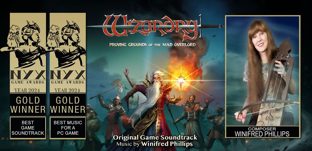 Celebrating the 2 GOLD NYX Game Awards won by my music for Wizardry: Proving Grounds of the Mad Overlord, @DigitalEclipse & I will release the game's soundtrack on Spotify/Bandcamp 4 FREE! A gift to the valiant gamers of #Wizardry! Game and soundtrack coming May 23rd! #gameaudio