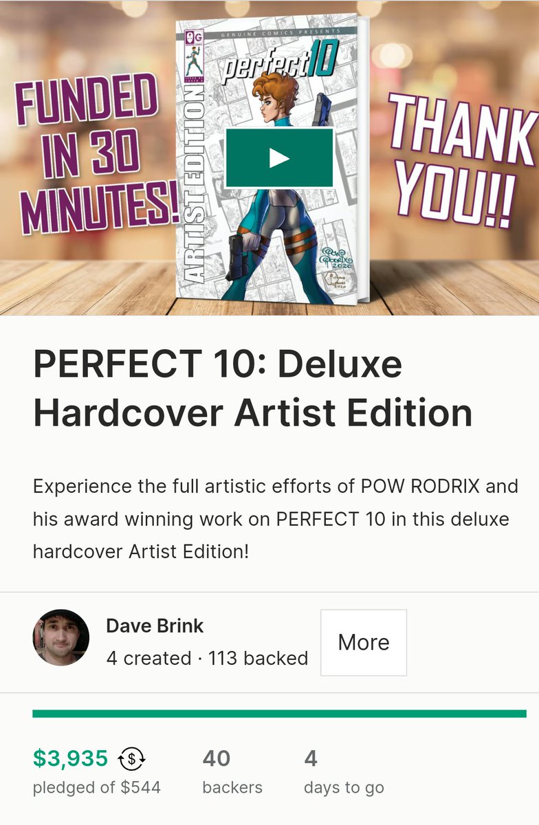 Only $65 away from 4K! 😲
Still 4 days to go!

Thank you all so much for supporting the #Perfect10 Artist Edition! 🙏🔥

From the 130 page, hardcover, oversized book, to original art and personal commissions! Check out the coolness here: kck.st/4b4ncVA