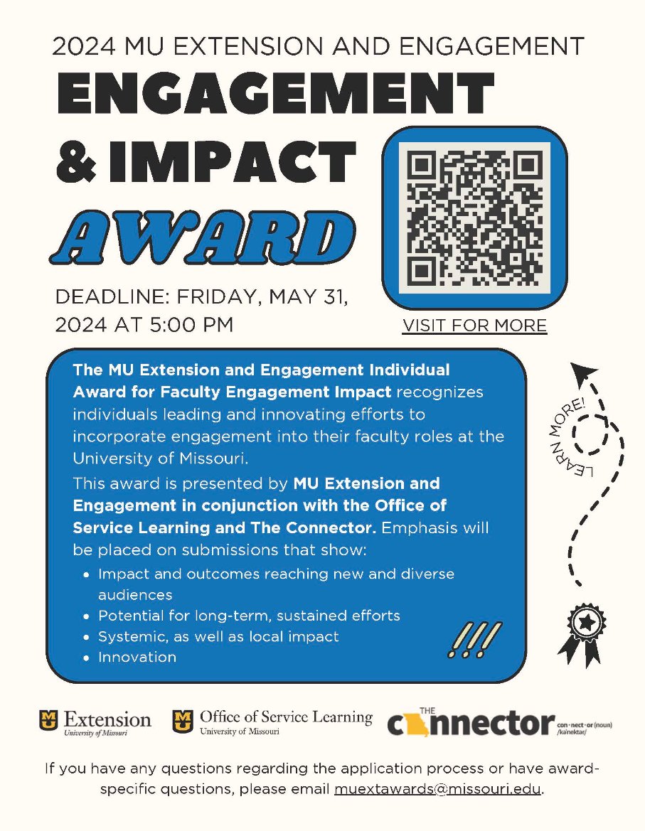 ATTN: @Mizzou faculty! 🐯Would you like to win $1,000 for professional development? Apply for the NEW Faculty Engagement and Impact award through @MUExtension! Don't wait - submissions are due Friday, May 31. Learn more and apply: umsystem.infoready4.com/#competitionDe…