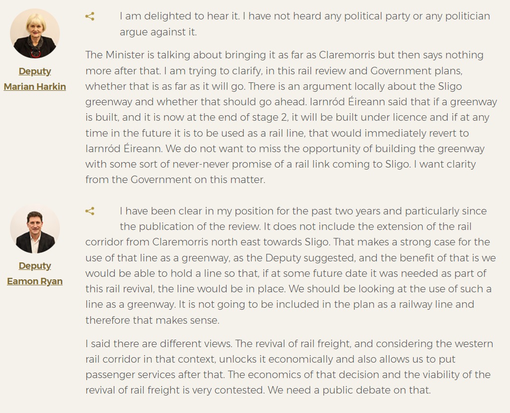 Confirmed by Minister Ryan yet again today, CLEARLY, that the line north of #Claremorris should be used as a #Mayo #Sligo #Greenway #EastMayoGreenway <a href="/rtenews/">RTÉ News</a> <a href="/VirginMediaIE/">Virgin Media Ireland</a> <a href="/Independent_ie/">Irish Independent</a> <a href="/SundayIndy/">Sunday Independent</a> <a href="/businessposthq/">Business Post</a>