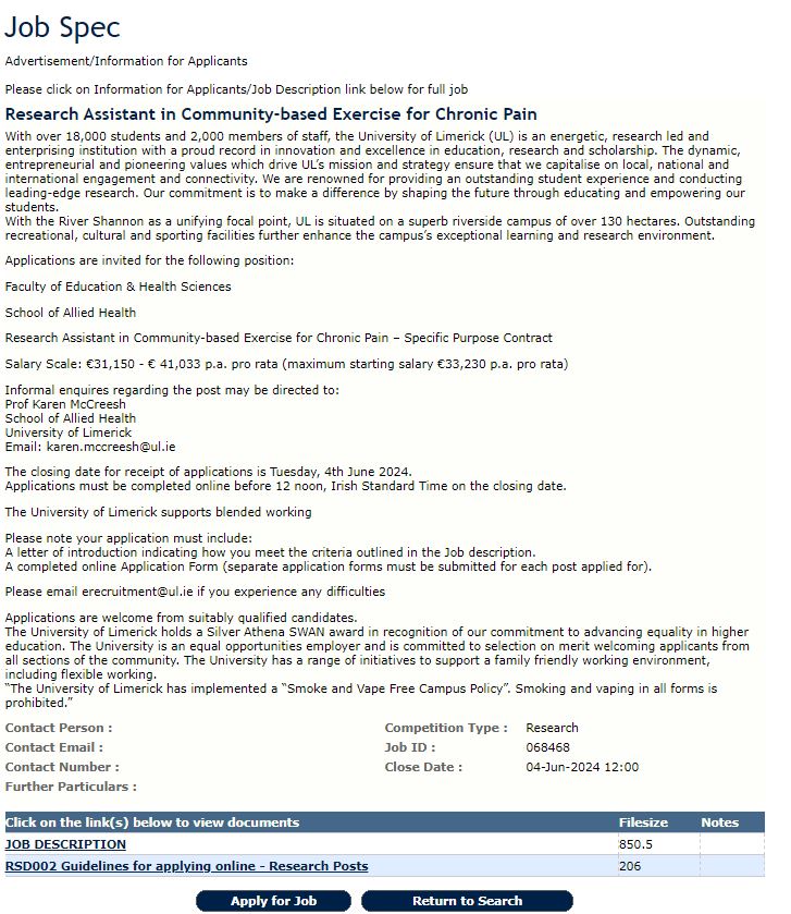 We are hiring! Research Assistant needed to conduct a process evaluation of our HRB-funded trial of community-based exercise for chronic MSK pain. 18 mth role, qual experience helpful! @AlliedHealthUL @ARC_UL @HRI_UL #jobfairy Please share my.corehr.com/pls/esbsheulre…