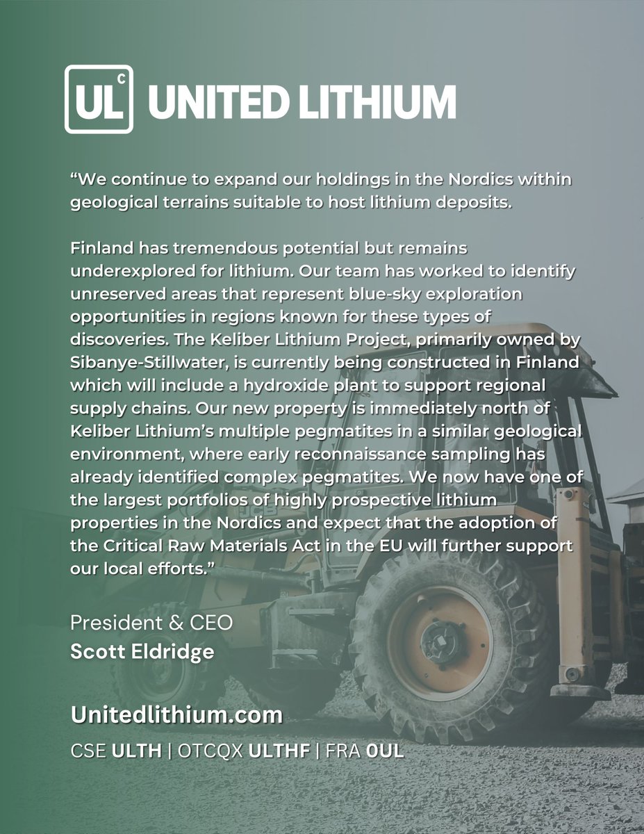 United Lithium (@unitedlithium) on Twitter photo We've acquired an additional 15,225-hectare property in Finland, The Kannus Property.
Kannus is highly prospective and located directly North of Sibanye-Stillwater's Keliber #Lithium Deposit.
Press Release🔗 buff.ly/4aw4pCg
🇨🇦 $ULTH 🇺🇸 $ULTHF
#MiningNews We've acquired an additional 15,225-hectare property in Finland, The Kannus Property.
Kannus is highly prospective and located directly North of Sibanye-Stillwater's Keliber #Lithium Deposit.
Press Release🔗 buff.ly/4aw4pCg
🇨🇦 $ULTH 🇺🇸 $ULTHF
#MiningNews