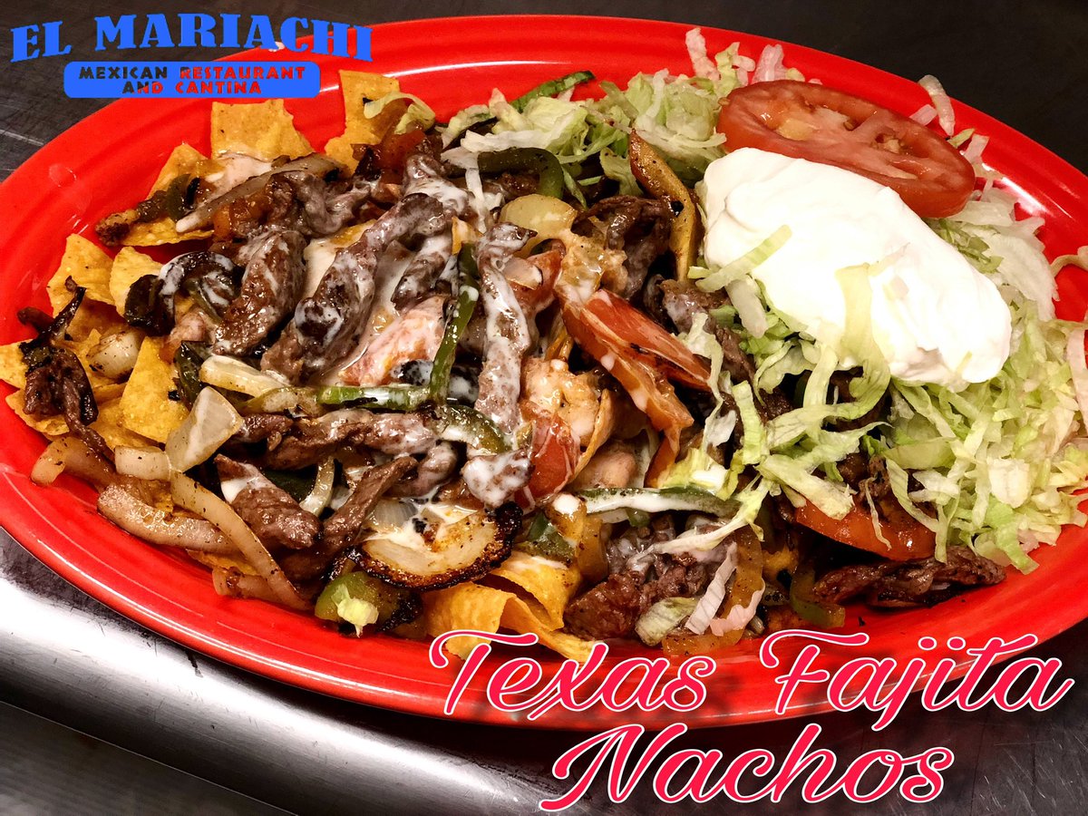 Fajita Nachos Texas! “The Trio” Shrimp, Steak, with Chicken, carmelized onions, peppers and tomatoes over a bed of fresh made chips, covered in rich creamy cheese sauce. Served with sour cream, tomato and lettuce. 
Come in and get it while it’s sizzling hot at our new location