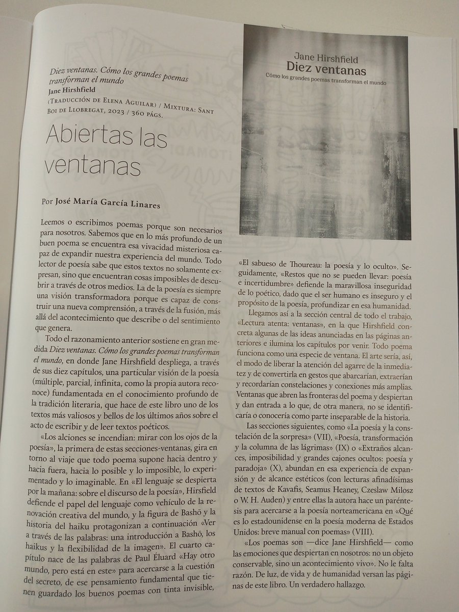 DIEZ VENTANAS, de Jane Hirshfield, en el último número de @QuimeraRevista. ¡Todo un hito y un honor figurar en esta prestigiosa revista! Gracias a Quimera, a @Kaluitas (autor de la reseña), y a @JuanPeregrinaM, que también nos envió comentarios elogiosos sobre el libro.