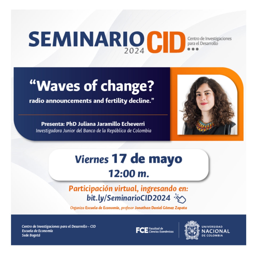 Mañana al medio día estaré en el seminario CID de la Universidad Nacional presentando mi trabajo sobre una campaña de radio de Profamilia y sus efectos en la fecundidad en Colombia. Allá nos vemos!