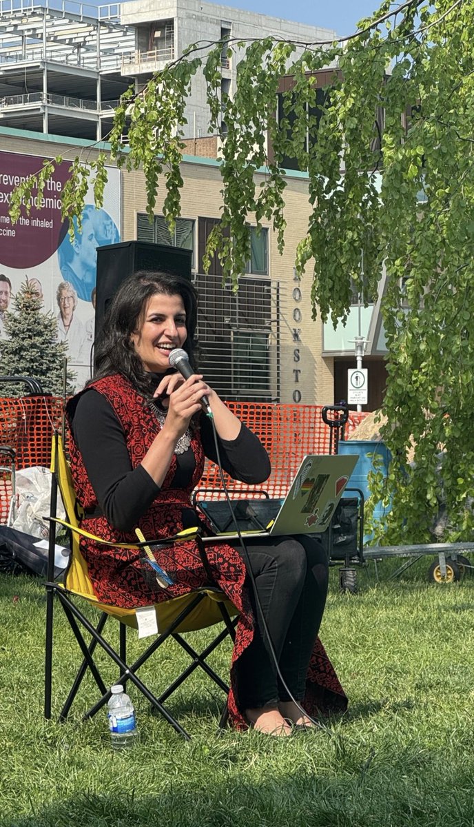 In my element, sitting in the sun on our beautiful campus providing a Nakba teach-in to students at the McMaster U encampment. Our administration may suck, but the community is beautiful and strong mashAllah ❤️🍉