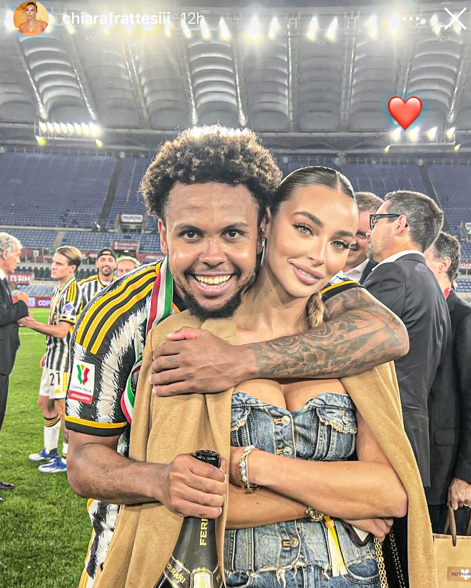 Weston McKennie with Chiara Frattesi, sister of Inter and Italy midfielder Davide, after Juventus' win in the Coppa Italia final ❤️