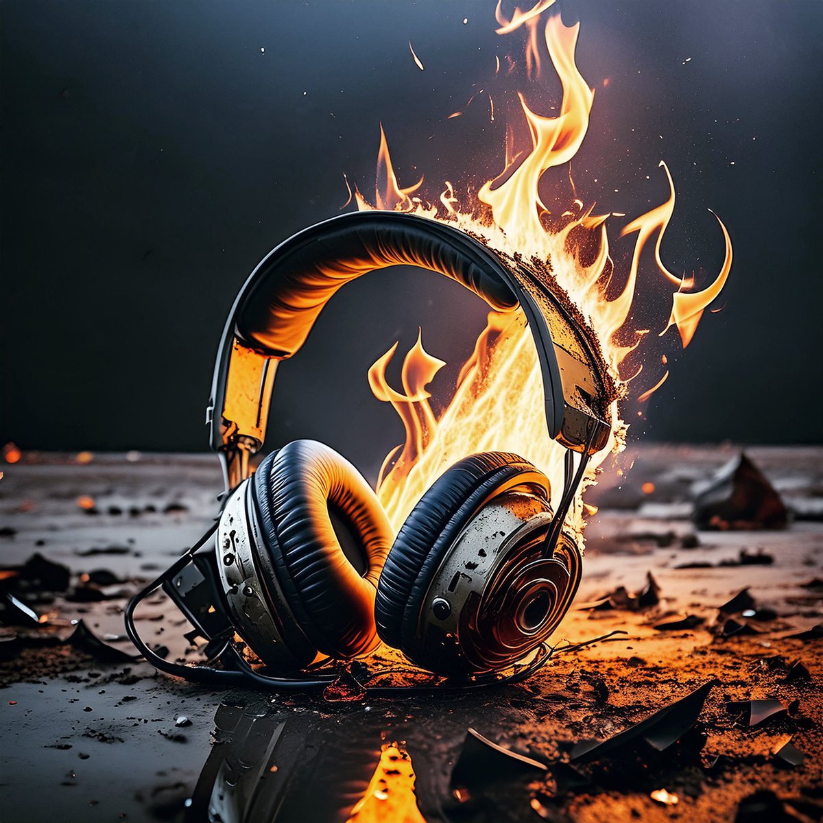 Still burning 🔥 #render #octane #3d #headphones #abstract #sureal #scifi #fire #amber #light #musiccover #music #rock #plastic #photooftheday #photography #illustration #vintage #retro #accoustic #nftcommunity #aicommunity #monumental #cinematic #epic #particles #heat