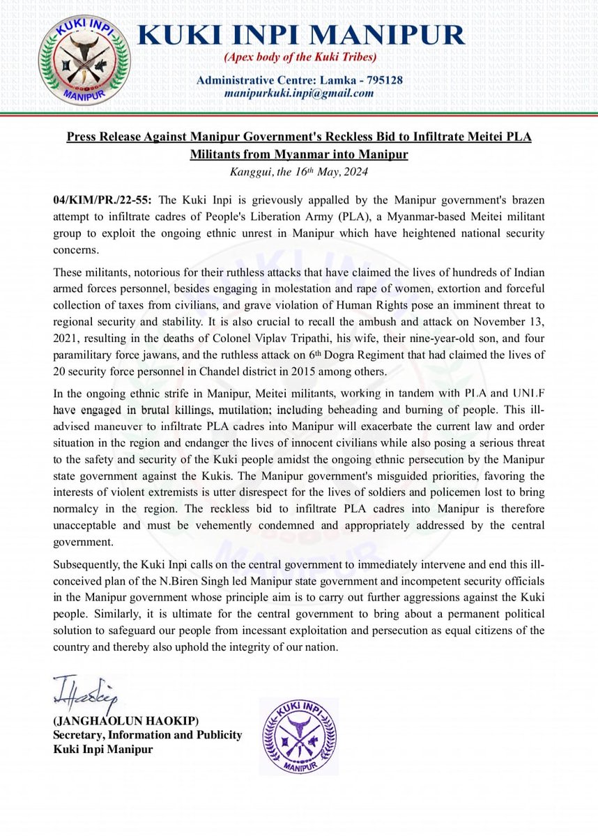 Press Release Against Manipur Government's Reckless Bid to Infiltrate Meitei PLA 
Militants from Myanmar into Manipur 

Kanggui, the 16th May, 2024

#ManipurHorror #ManipurViralVideo #ManipurVideo #manipurwomen
#Arambai_Tenggol 
#ManipurHorror #ManipurViolence #ManipurBurning