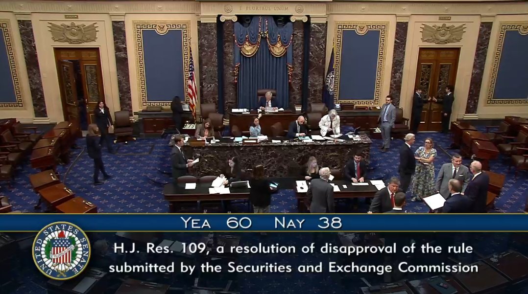 60 to 38. Gensler installed a roadblock to US banks holding crypto and the Senate just voted to repeal it. Even Chuck Schumer voted pro-crypto. Elizabeth Warren's anti-crypto army got publically crushed today. If i was the SEC Chair I'd be circulating my resume.