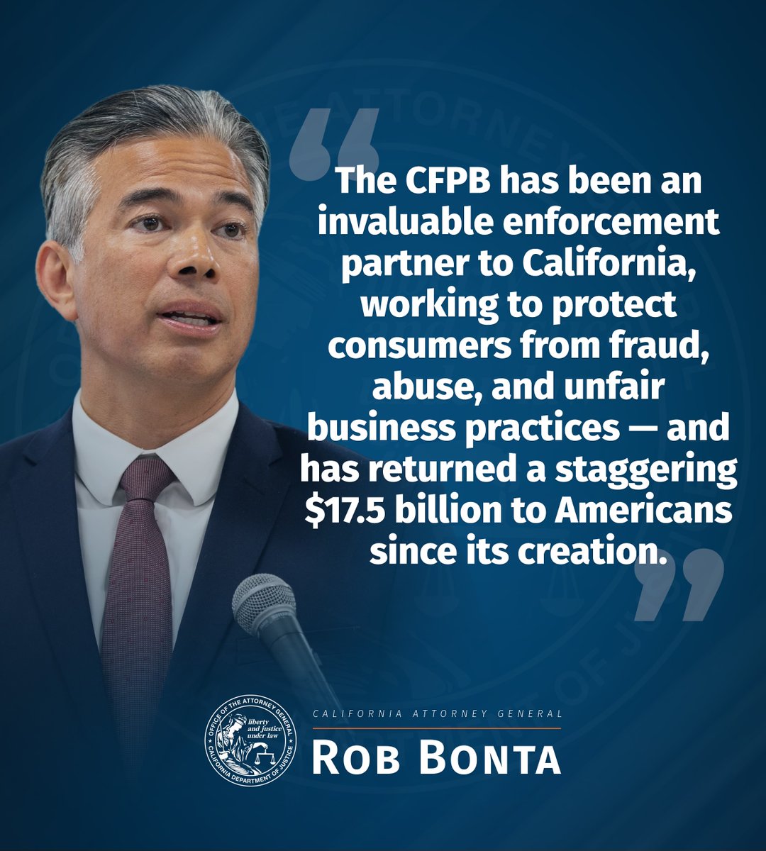 Today’s decision reaffirms the absolutely critical role @CFPB has in advancing consumer protection & regulating the financial services industry. CA DOJ will continue to use all legal tools at our disposal to robustly enforce CA’s consumer protection laws. oag.ca.gov/news/press-rel…