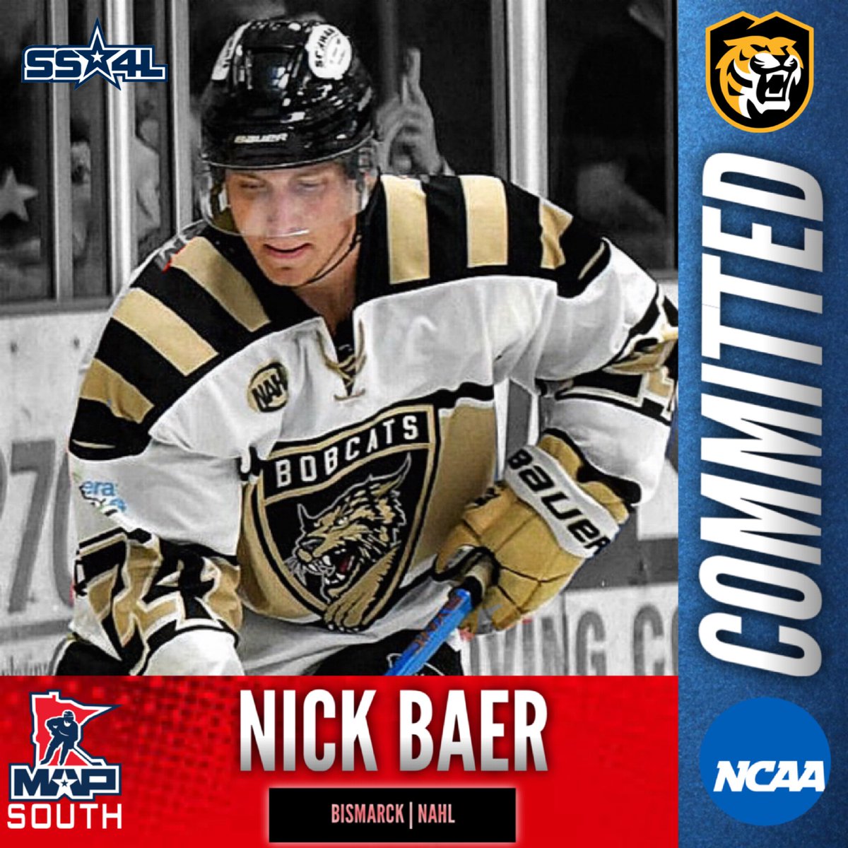 ROLL TIGERS: Congrats to @BismarckBobcats d-man & @TonkaBoysPuck alum @nickbaer24 on his commitment to @CCTigerHKY.🐯 Nick has put years into mastering his craft to earn this opportunity. He will undoubtedly have a massive impact at CC both on the ice & in the locker room. #SS4L