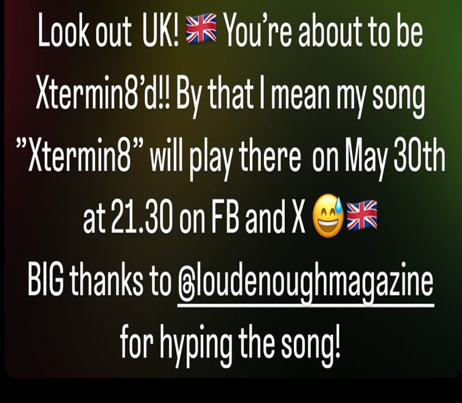 AnrchstClrnBook's tweet photo. My song “Xtermin8” will play in the UK on FB and X on May 30th at 21.30 local time, 3:30pm Texas time! Big thanks to Darren from @loudenoughmagazine and to Groover for the connection! #metal #metalmusic #metalband #metalblogger #numetal #industrialmetal #rapmetal #ukmetalscene https://t.co/22kQhouAJu