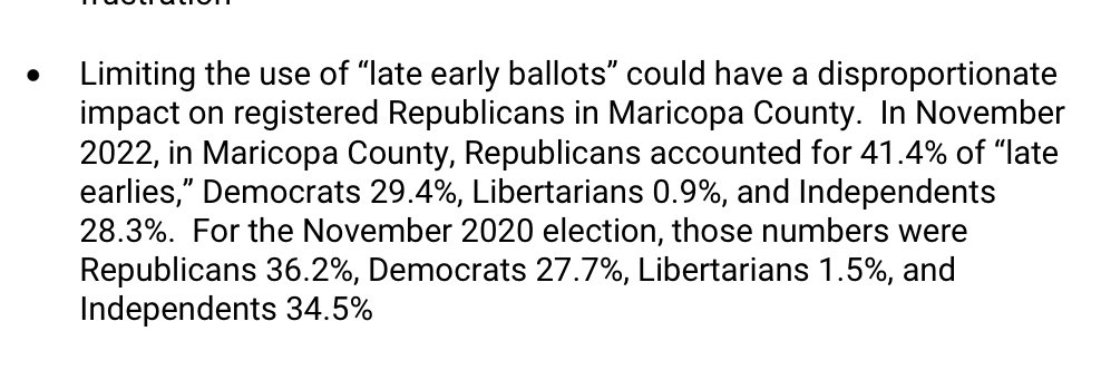 Just was reminded of interesting statistics on which voters drop off their early ballots last-minute on Election Day, which they are proposing prohibiting other than at recorder's offices. This would disproportionately affect Republicans. elections.maricopa.gov/asset/jcr:2587…
