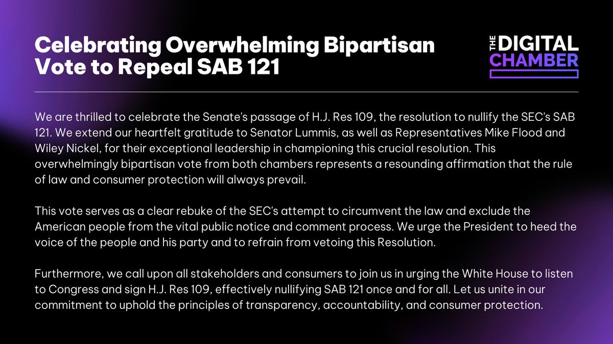 We celebrate the bipartisan vote to repeal SAB 121. Thank you @SenLummis for your leadership!