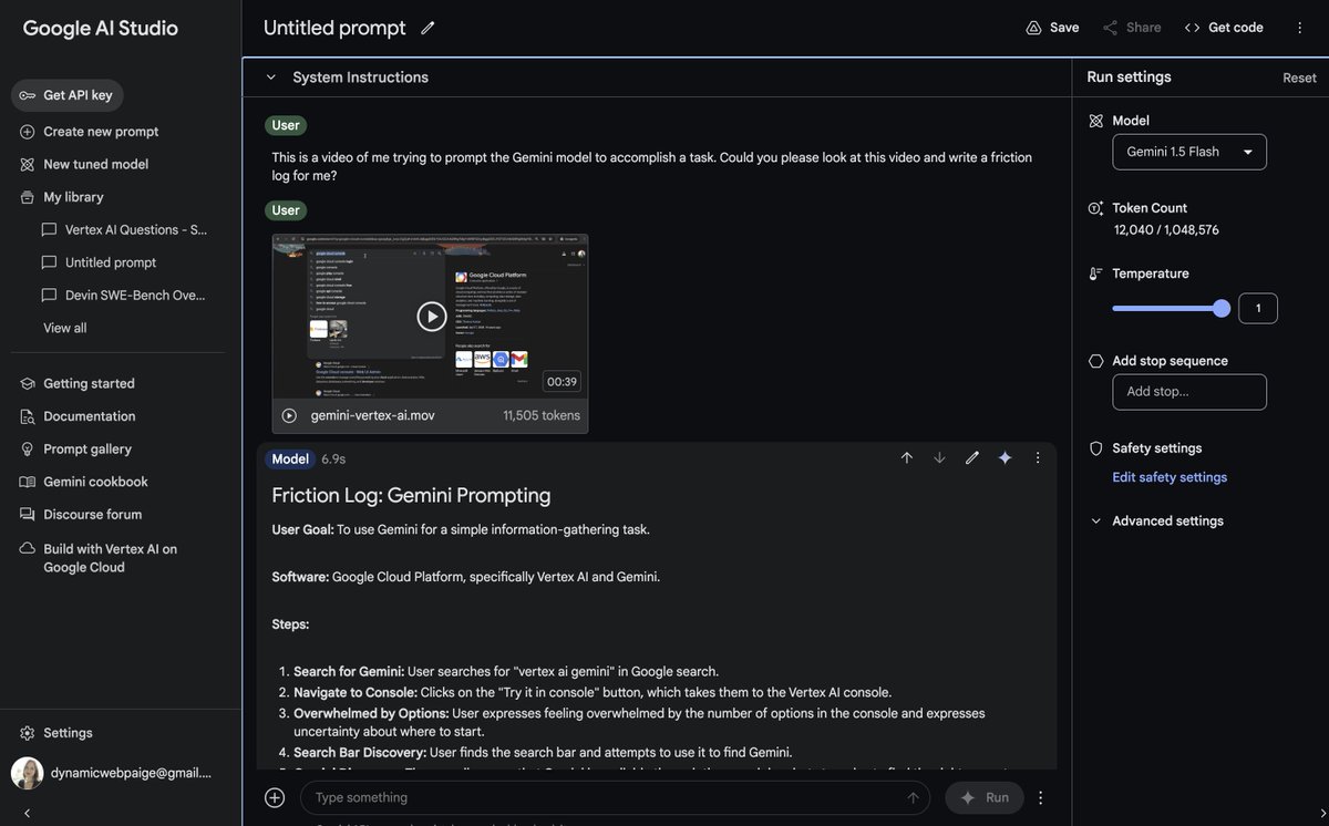 🎥 Just uploaded a video of me trying to accomplish a task in the @GoogleCloud console (less than a minute, starting from the Google Search page).

Then I asked Gemini 1.5 Flash to write a friction log for the experience. It took ~6 seconds to analyze the full video, and to