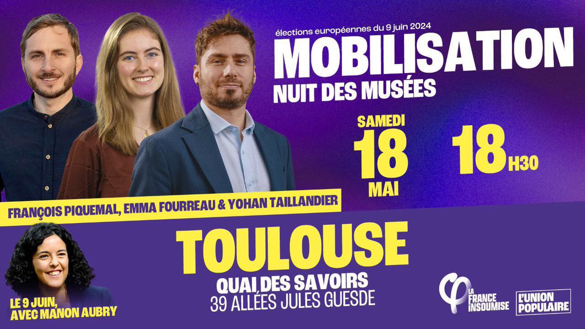 On se retrouve samedi avec @emma_frr et @YohanTailland1 pour une nouvelle action de campagne à #Toulouse 💜 Le 9 juin on se donne de la force ✌🏽