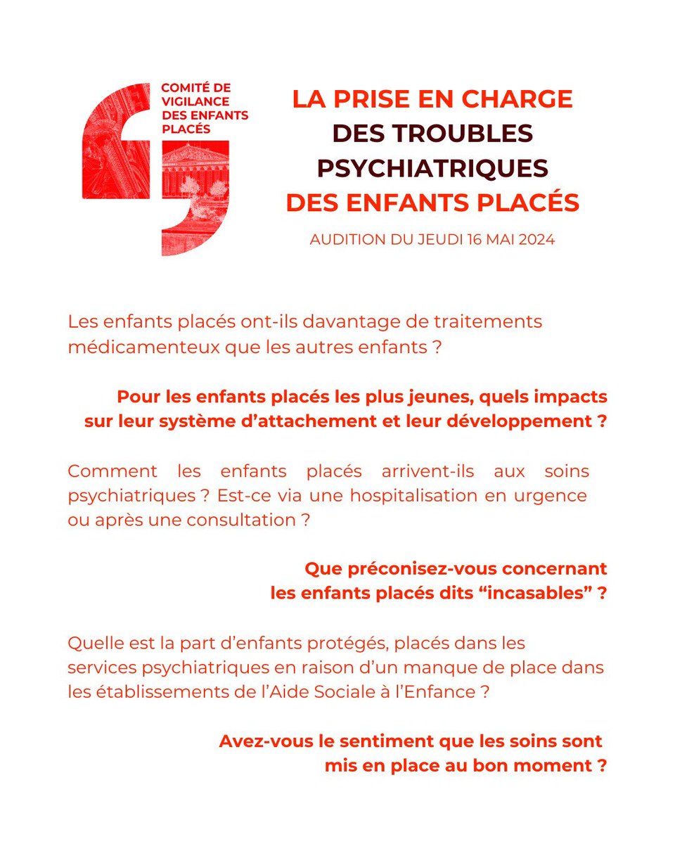 Voici quelques exemples de questions relatives à  la prise en charge des troubles psychiatriques des enfants placés. Ces questions étaient destinées à être posé à Jean-Marc Baleyte, professeur, chef du service de psychiatrie de l’enfant et de
l'adolescent auditionné ce jour.