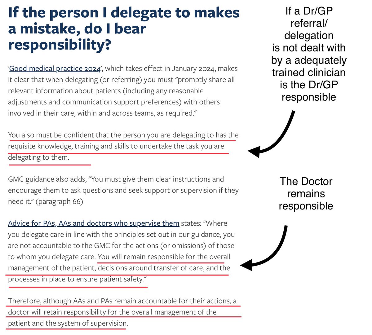 @parthaskar @gmcuk MDU advice to Doctors If you delegate you remain responsible, you need to be sure of the training and competence of the person to who you are delegating The NHSE/GMC/NHS Trusts will not care & are removing themselves from responsibility