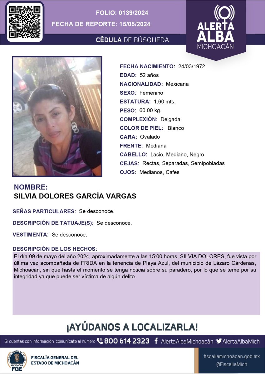 ⚠️🟣 Solicitamos su apoyo para la búsqueda y localización de SILVIA DOLORES GARCÍA VARGAS de 52 años de edad. #Comparte #AlertaAlba #AlertaAlbaMichoacán #AyúdanosAEncontrarla #FGEMich @botDesaparecidx