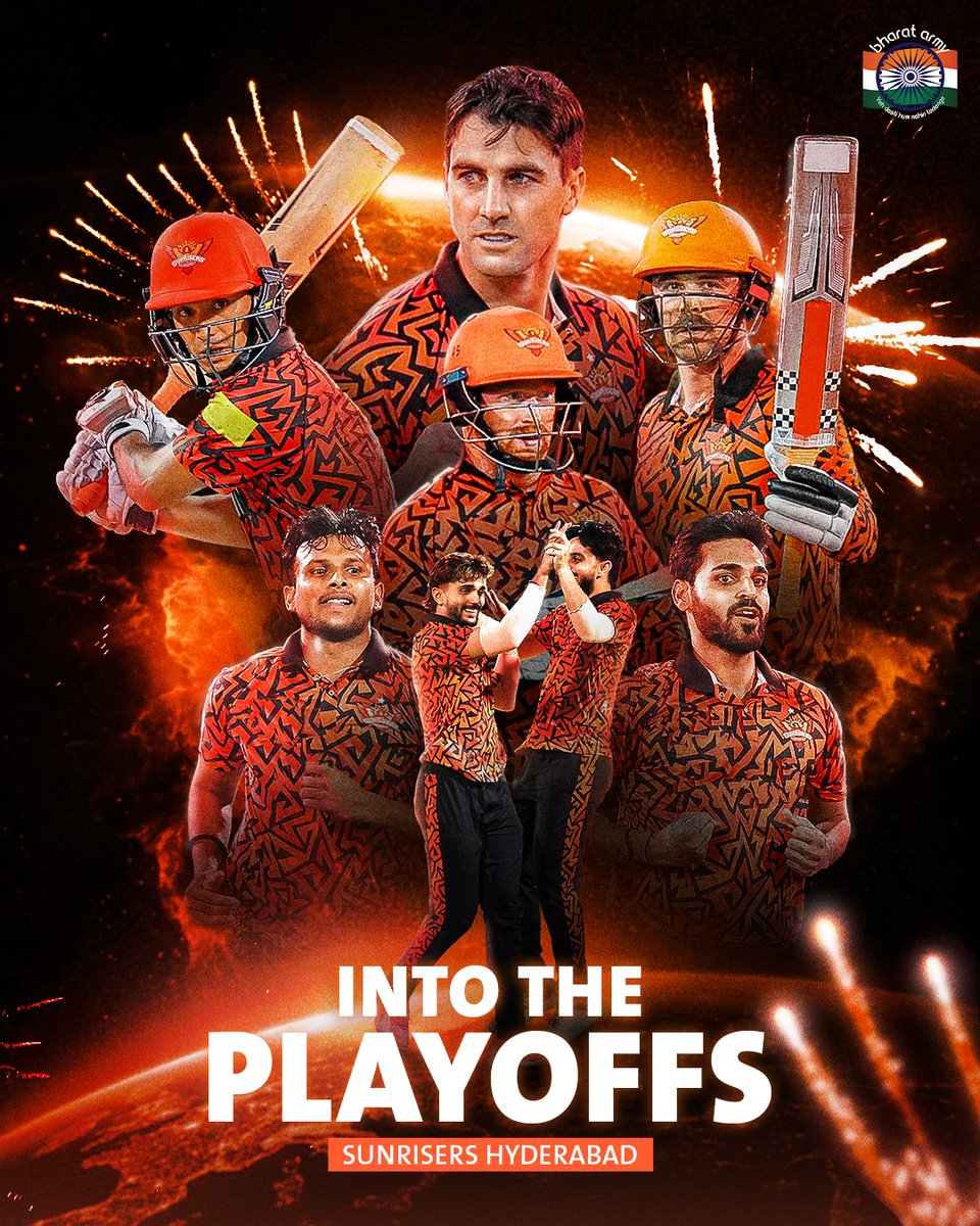 🧡🦅 𝗠𝗔𝗞𝗘 𝗪𝗔𝗬 𝗙𝗢𝗥 𝗧𝗛𝗘 𝗦𝗨𝗡𝗥𝗜𝗦𝗘𝗥𝗦! Pat Cummins and Co. are on fire in #IPL2024, storming into the Playoffs! Can they grab their second trophy this time? 📷 IPL • #PatCummins #SRHvGT #SRHvsGT #TATAIPL #BharatArmy