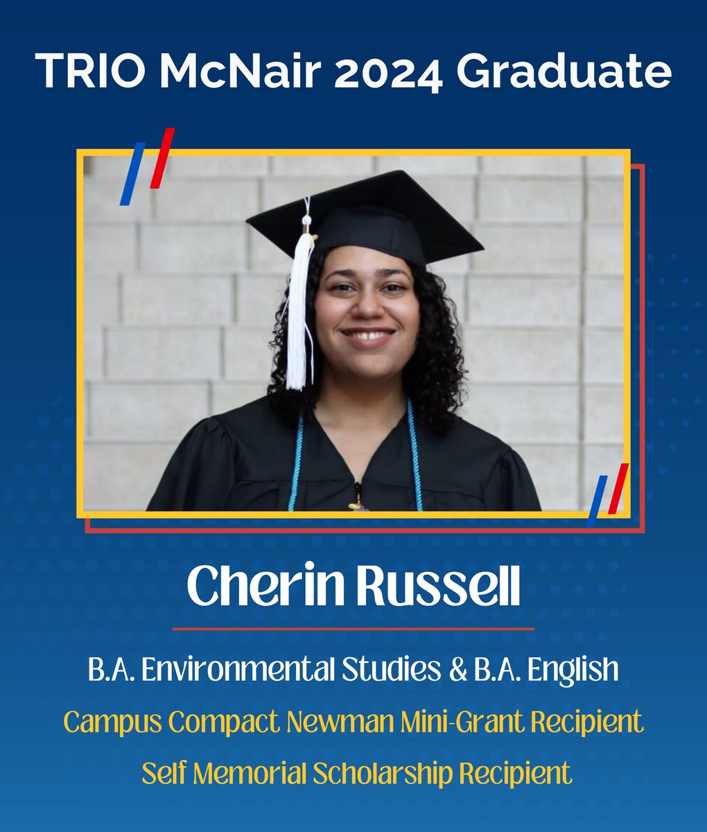 Join us in congratulating KU TRIO McNair graduate Cherin Russell! 

Cherin is now moving on to pursue a Master's in English at KU!

Congratulations, Cherin! 🎓 #TRIOworks #McNairScholars #RockChalk