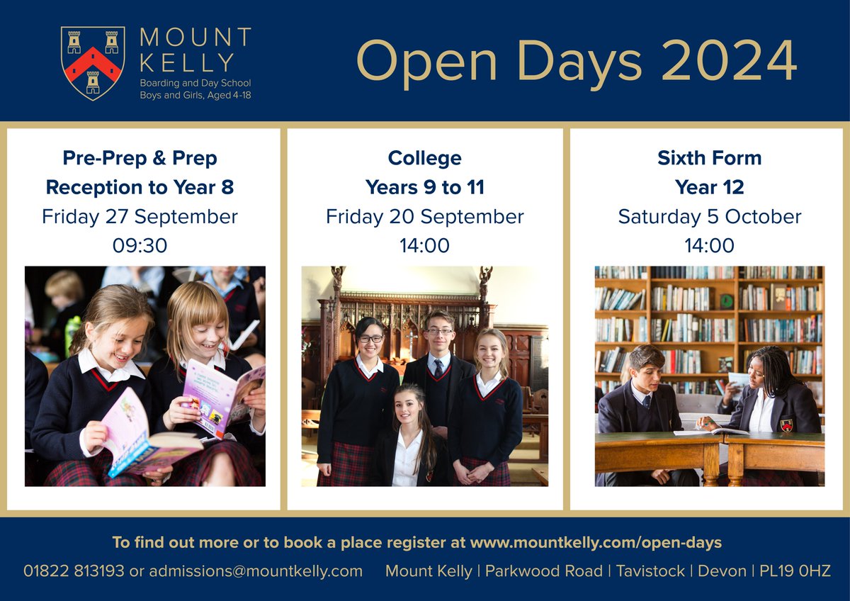 To discover how a Mount Kelly education might benefit your child we invite you to join us for our Open Days 2024.
Register at visit.mountkelly.com

#OpenDay #OpenDays #MountKelly #IndependentSchool #BoardingSchool #Prep #PrePrep #Senior #College #SixthForm #Tavistock #Devon