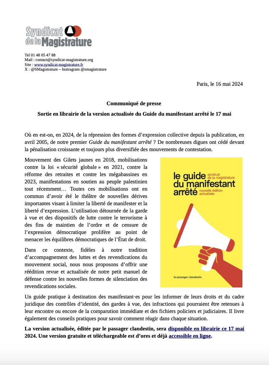 📢 La version actualisée de notre guide du manifestant arrêté sort demain 17 mai en librairie ! Pour le commander en version papier : lepassagerclandestin.fr/catalogue/hors… En version PDF : syndicat-magistrature.fr/toutes-nos-pub…