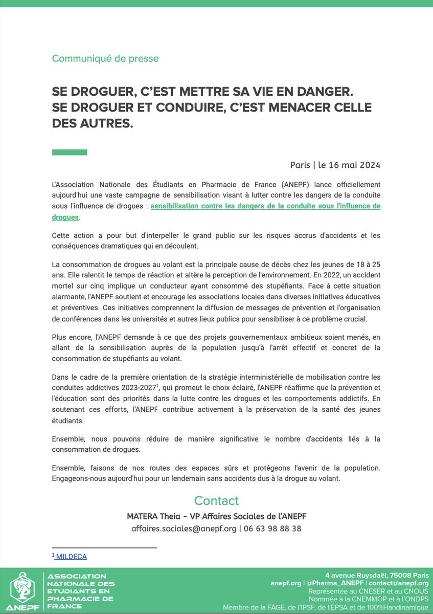 L'ANEPF lance officiellement aujourd'hui une campagne de sensibilisation visant à lutter contre les dangers de la conduite sous l'influence de drogues.

👉 Objectif : interpeller le grand public sur les risques accrus d'accidents et les conséquences dramatiques qui en découlent